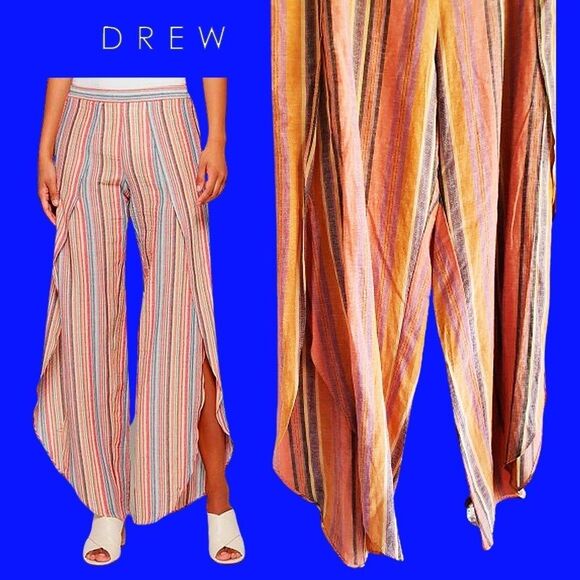 DREW by Anthropologie NEW Striped Split Leg Slim Waistband Wide-Leg Pant L - Picture 4 of 11